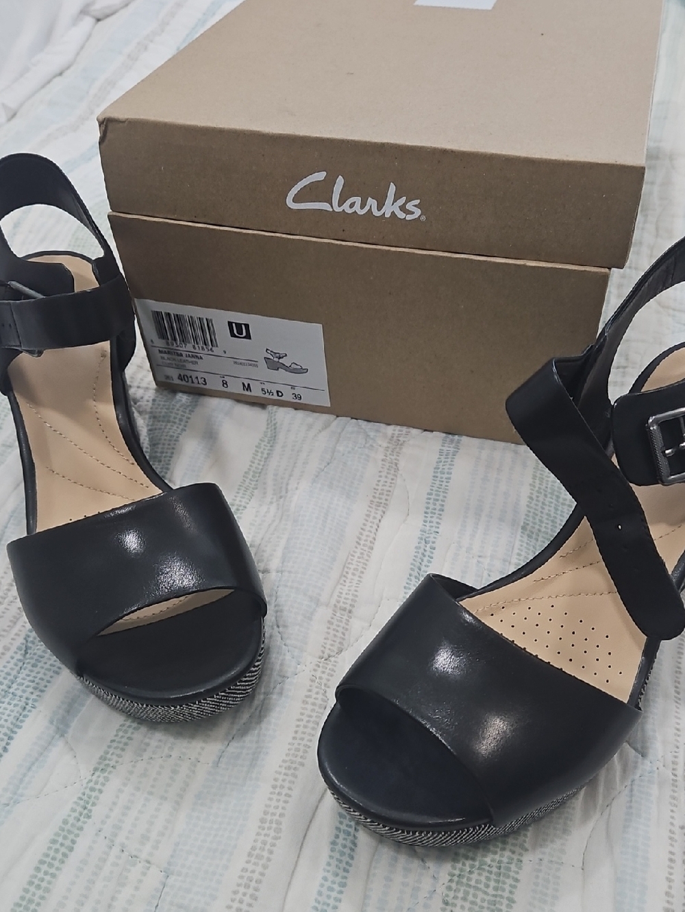 Clarks Maritsa Janna Black Leather Wedge Sandal Size 8